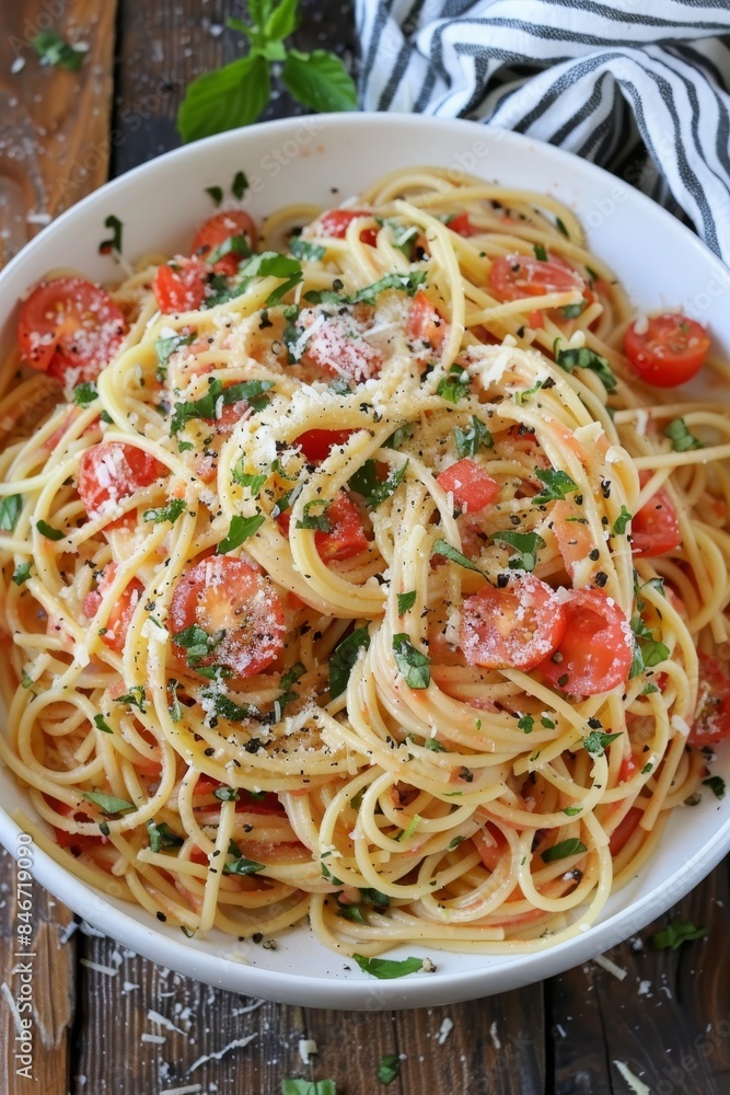 Elegant overhead view of spaghetti with red tomatoes on white plate, minimalist composition