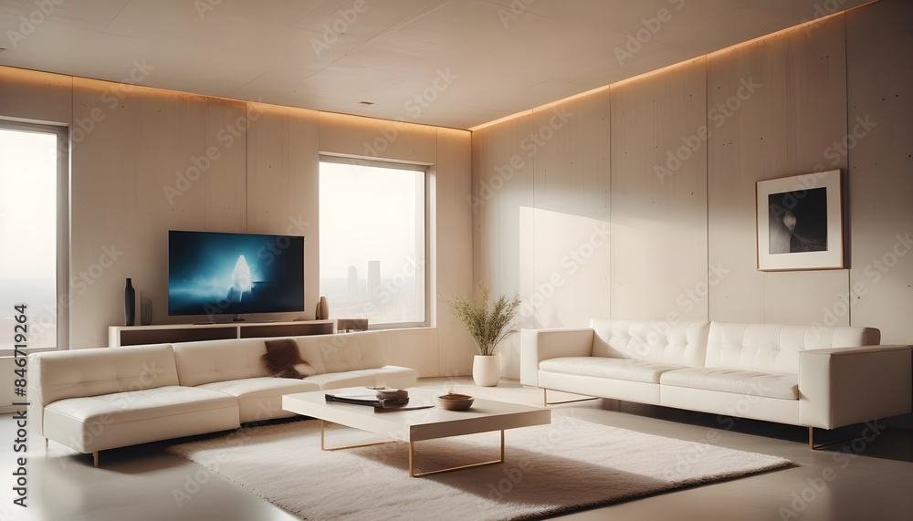 High end modern living room with white leather couch and a large flat screen tv mounted on the wall, brutalist architecture mixed with modern futuristic minimal design High end modern living room with white leather couch and a large flat screen tv mounted on the wall, brutalist architecture mixed with modern futuristic minimal design