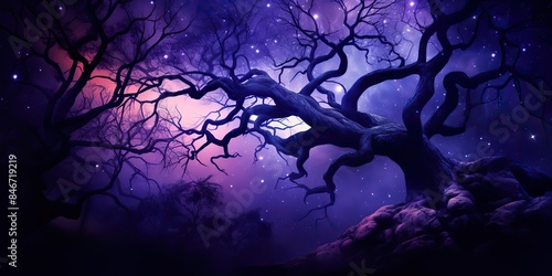 Purple sky in the night with many stars and magic fantasy tree on background scene © Graphic Warrior