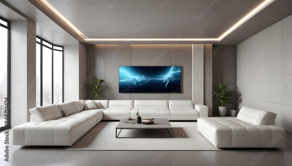High end modern living room with white leather couch and a large flat screen tv mounted on the wall, brutalist architecture mixed with modern futuristic minimal design High end modern living room with white leather couch and a large flat screen tv mounted on the wall, brutalist architecture mixed with modern futuristic minimal design