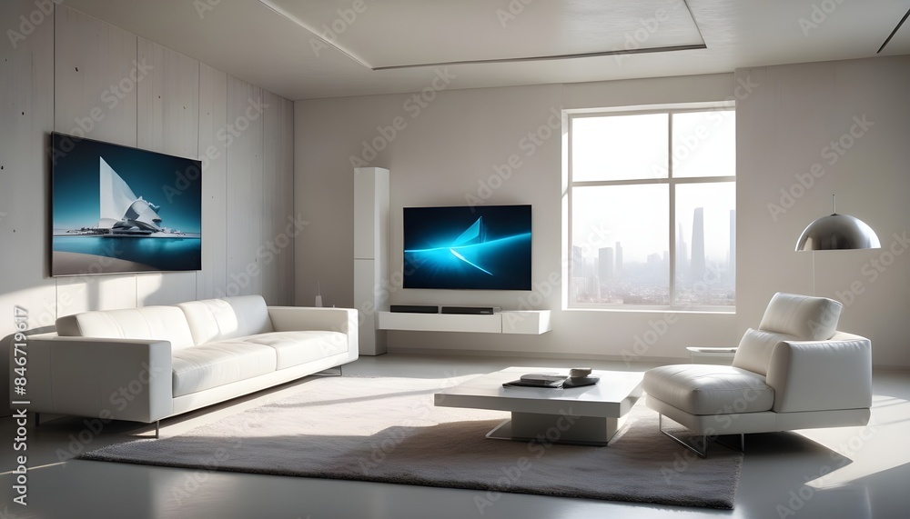 High end modern living room with white leather couch and a large flat screen tv mounted on the wall, brutalist architecture mixed with modern futuristic minimal design High end modern living room with white leather couch and a large flat screen tv mounted on the wall, brutalist architecture mixed with modern futuristic minimal design