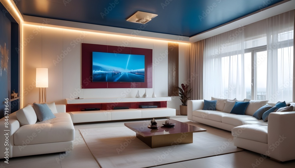 High end modern living room with white leather couch and a large flat screen tv mounted on the wall, brutalist architecture mixed with modern futuristic minimal design High end modern living room with white leather couch and a large flat screen tv mounted on the wall, brutalist architecture mixed with modern futuristic minimal design