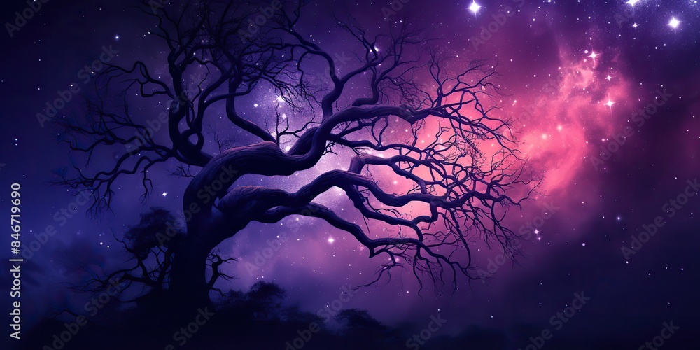 Purple sky in the night with many stars and magic fantasy tree on background scene Purple sky in the night with many stars and magic fantasy tree on background scene