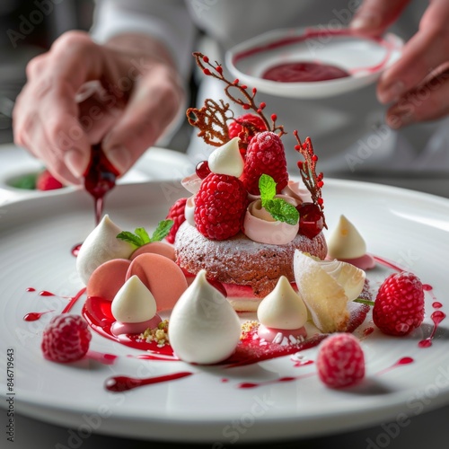 fancy cake in restoran strawberry cherry chocloate  photo