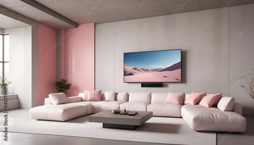 High end modern living room with white leather couch and a large flat screen tv mounted on the wall, brutalist architecture mixed with modern futuristic minimal design High end modern living room with white leather couch and a large flat screen tv mounted on the wall, brutalist architecture mixed with modern futuristic minimal design