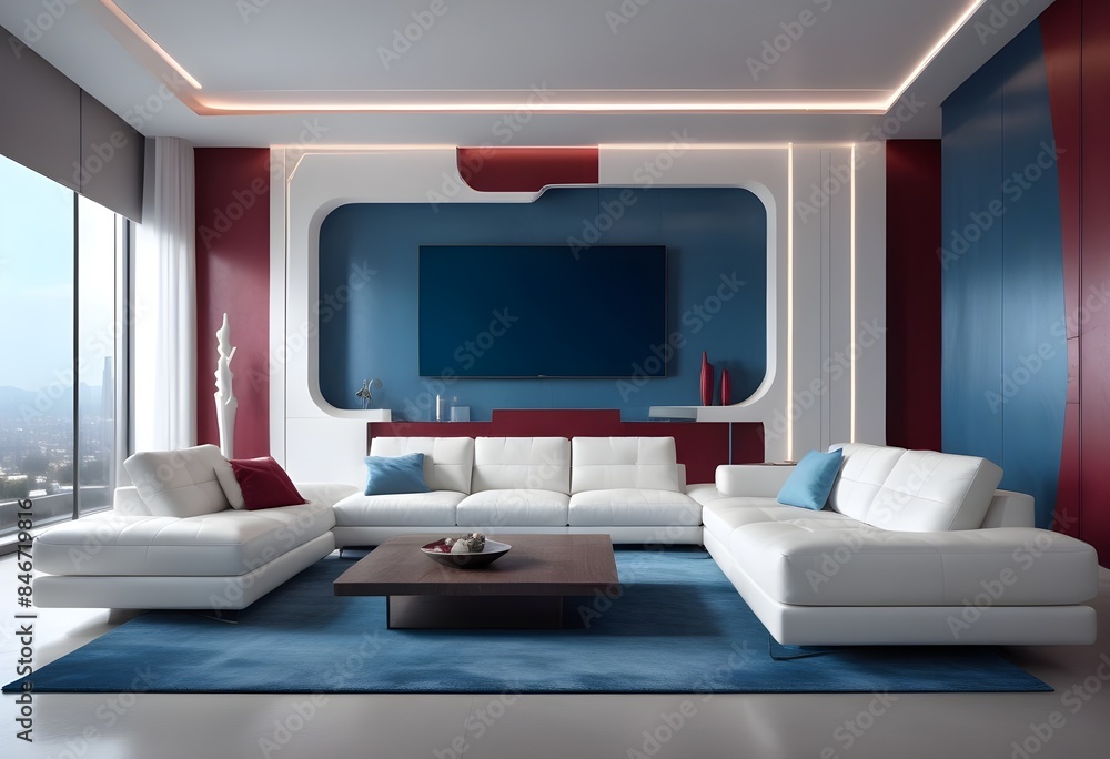 High end modern living room with white leather couch and a large flat screen tv mounted on the wall, brutalist architecture mixed with modern futuristic minimal design High end modern living room with white leather couch and a large flat screen tv mounted on the wall, brutalist architecture mixed with modern futuristic minimal design