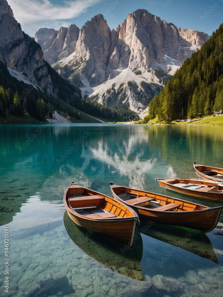 Boats floating on Braies Lake, Dolomites. Scenic Sudtirol, Italy. Boats floating on Braies Lake, Dolomites. Scenic Sudtirol, Italy.