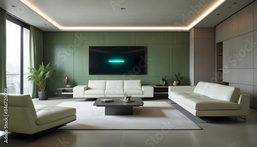 High end modern living room with white leather couch and a large flat screen tv mounted on the wall, brutalist architecture mixed with modern futuristic minimal design