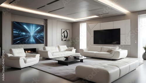 High end modern living room with white leather couch and a large flat screen tv mounted on the wall, brutalist architecture mixed with modern futuristic minimal design