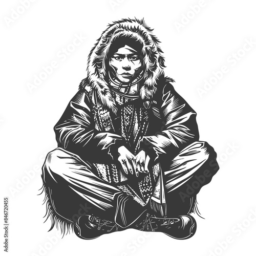 Monochrome Arctic Dweller: Intricate Cross-Legged Fur-Hooded Figure Illustration