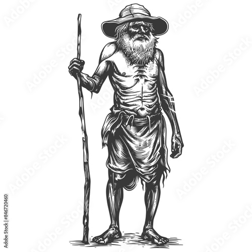Etched Wanderer: Bearded Man in Tattered Clothes with Walking Stick, Vintage Illustration.