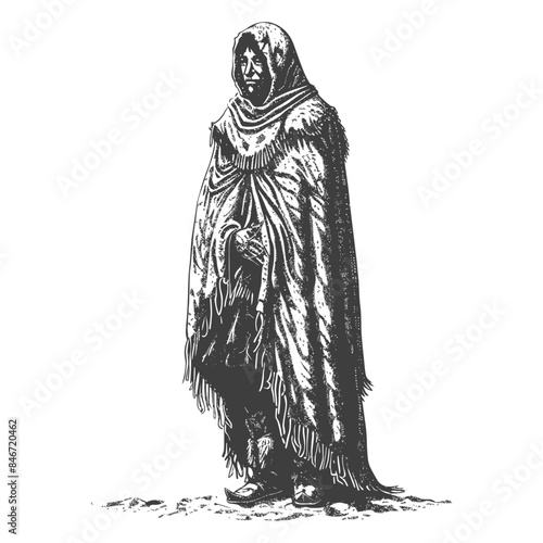 Isolated Figure in Shaggy Cape: Engraved Illustration, Vintage Style.