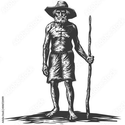 Woodcut: Ancient Man, Rustic Hat, Walking Stick, Isolated Figure