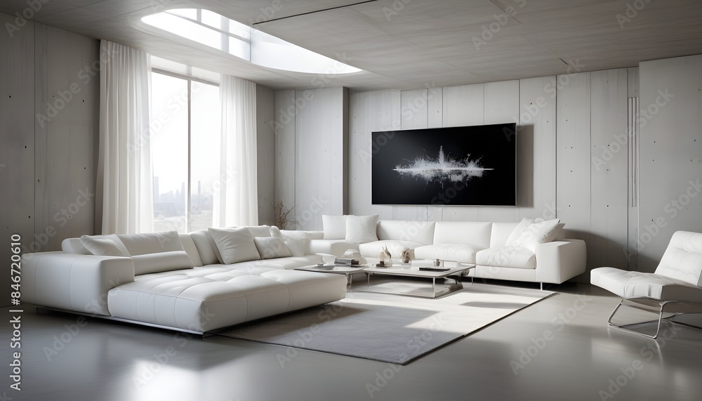 High end modern living room with white leather couch and a large flat screen tv mounted on the wall, brutalist architecture mixed with modern futuristic minimal design High end modern living room with white leather couch and a large flat screen tv mounted on the wall, brutalist architecture mixed with modern futuristic minimal design