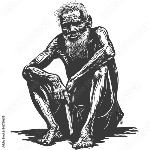 Etched Elder: Bare, Seated Figure with Cane, Wrinkled Skin, and Frail Appearance.