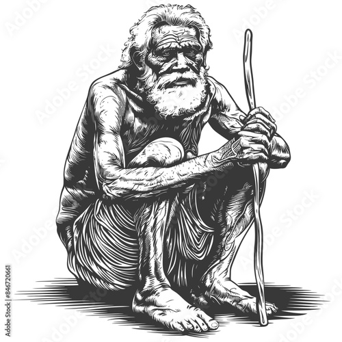 Engraved Elder: Barefoot, Bearded Man Crouched with Staff, Traditional Garb.