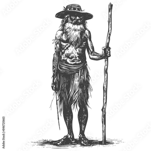 Wild Man: Woodcut Illustration of a Bearded Figure with Staff and Hat