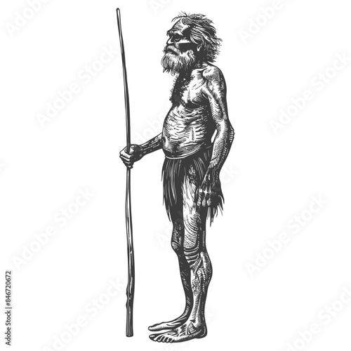 Sketch of Hairy Caveman Holding Staff, Side Profile, Isolated.