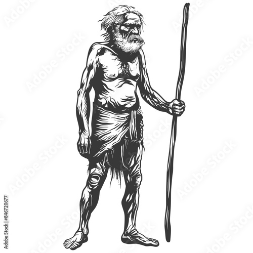 Line Art Caveman: Ancient Man with Staff, Primitive Survival.