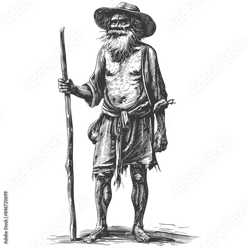 Etched Wanderer: Bearded Traveler with Staff, Vintage Style Illustration