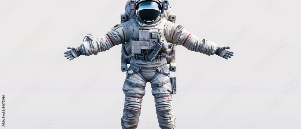 future astronaut, donning an impressive space suit, stands with arms outstretched, forming a T-Pose against the cosmic backdrop future astronaut, donning an impressive space suit, stands with arms outstretched, forming a T-Pose against the cosmic backdrop