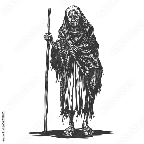 Etched Elder: Shawled Crone with Walking Stick, Black and White Graphic Illustration.