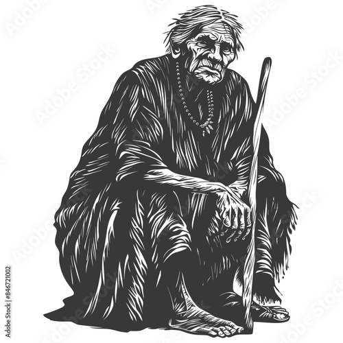 Woodcut Old Woman Squatting with Staff, Pensive Expression, Monochromatic Art.