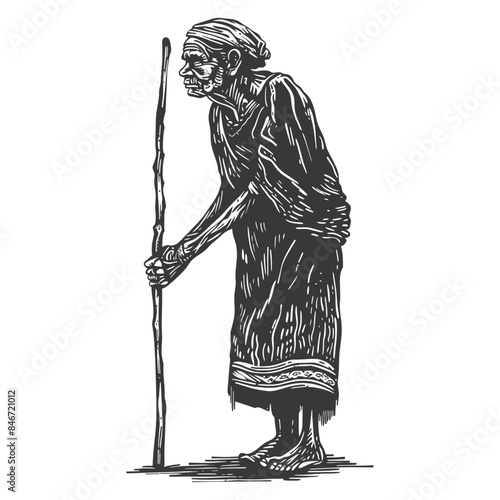 Woodcut: Elderly Woman Leaning on Cane, Wrinkled Skin, Poverty, Ancient.