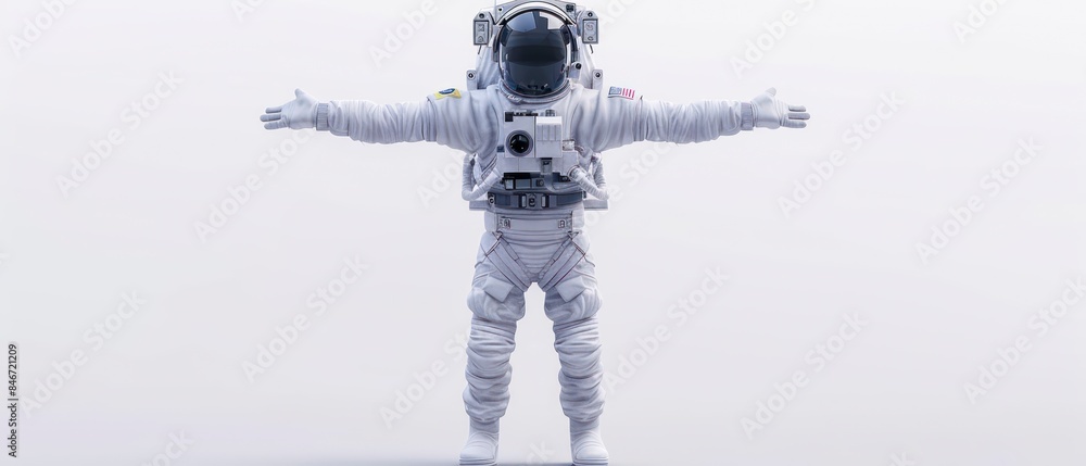 future astronaut, donning an impressive space suit, stands with arms outstretched, forming a T-Pose against the cosmic backdrop future astronaut, donning an impressive space suit, stands with arms outstretched, forming a T-Pose against the cosmic backdrop