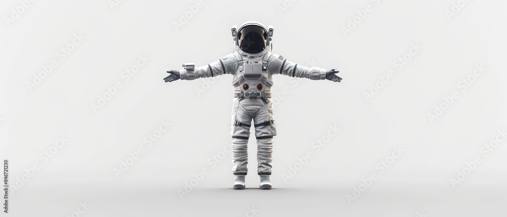 future astronaut, donning an impressive space suit, stands with arms outstretched, forming a T-Pose against the cosmic backdrop future astronaut, donning an impressive space suit, stands with arms outstretched, forming a T-Pose against the cosmic backdrop