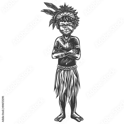 native australian tribe little boy full body with engraving style black color only