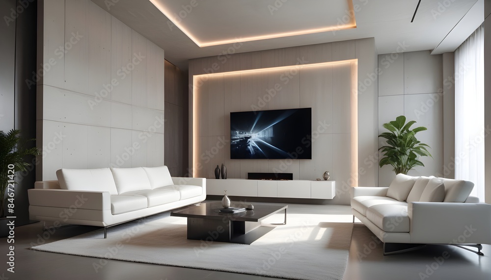 High end modern living room with white leather couch and a large flat screen tv mounted on the wall, brutalist architecture mixed with modern futuristic minimal design High end modern living room with white leather couch and a large flat screen tv mounted on the wall, brutalist architecture mixed with modern futuristic minimal design
