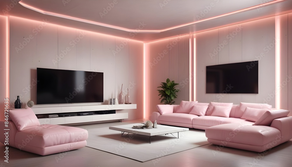 High end modern living room with white leather couch and a large flat screen tv mounted on the wall, brutalist architecture mixed with modern futuristic minimal design High end modern living room with white leather couch and a large flat screen tv mounted on the wall, brutalist architecture mixed with modern futuristic minimal design