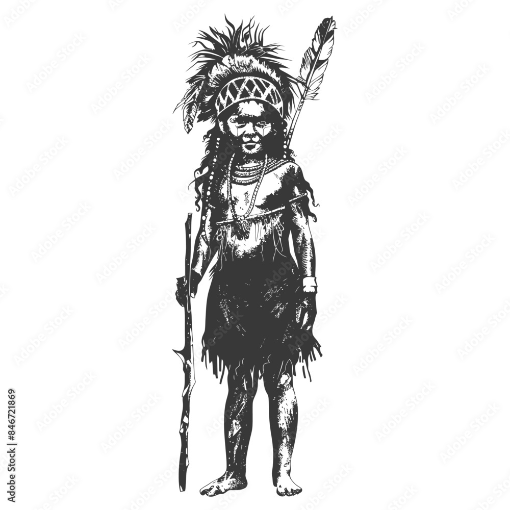 Fototapeta premium native australian tribe little girl full body with engraving style black color only