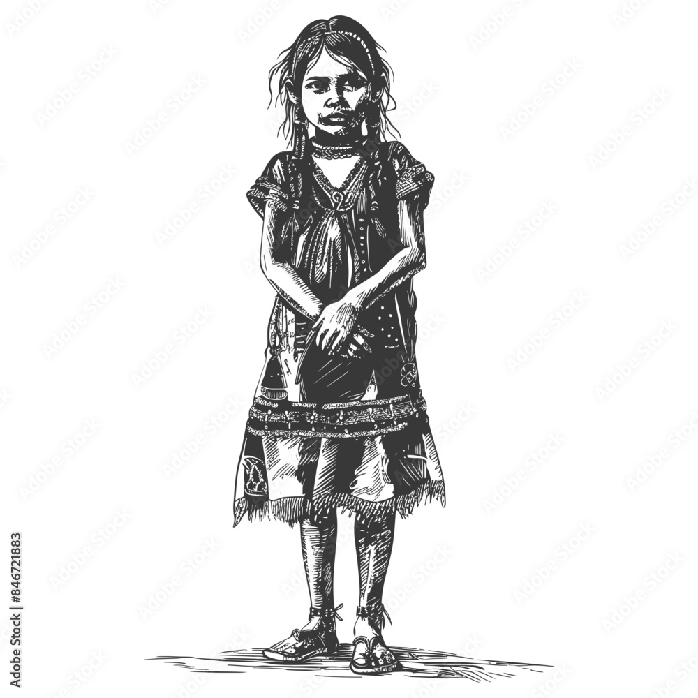 native australian tribe little girl full body with engraving style black color only native australian tribe little girl full body with engraving style black color only