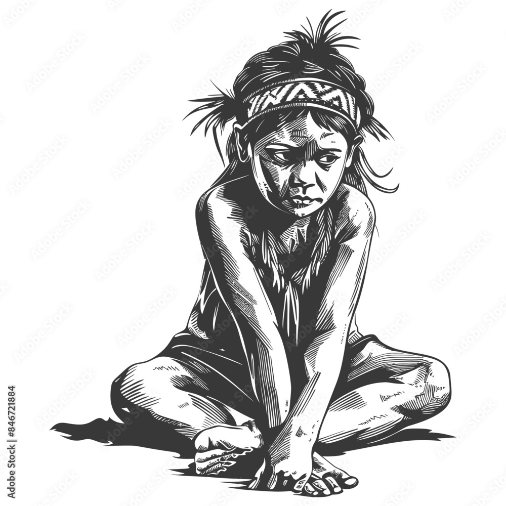 Fototapeta premium native australian tribe little girl full body with engraving style black color only