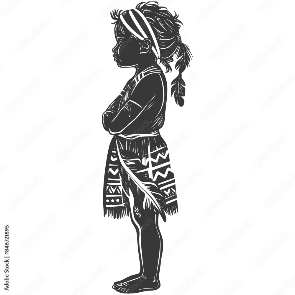 Fototapeta premium native australian tribe little girl full body with engraving style black color only