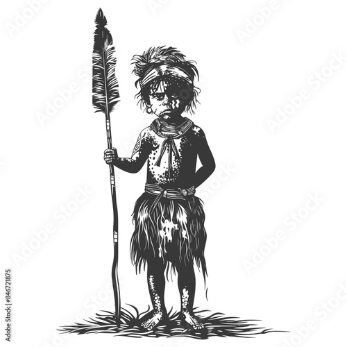 native australian tribe little girl full body with engraving style black color only