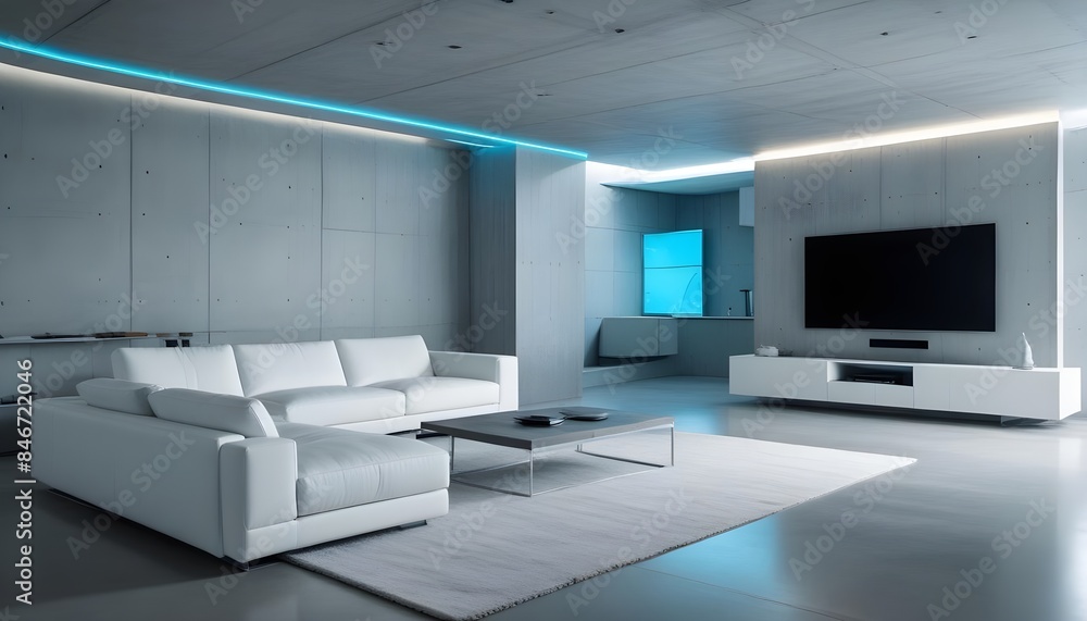 High end modern living room with white leather couch and a large flat screen tv mounted on the wall, brutalist architecture mixed with modern futuristic minimal design High end modern living room with white leather couch and a large flat screen tv mounted on the wall, brutalist architecture mixed with modern futuristic minimal design