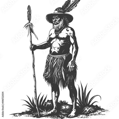 native australian tribe man full body with engraving style black color only