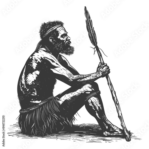 native australian tribe man full body with engraving style black color only