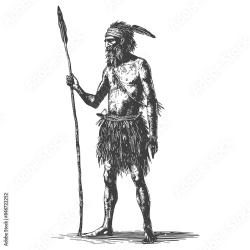 native australian tribe man full body with engraving style black color only