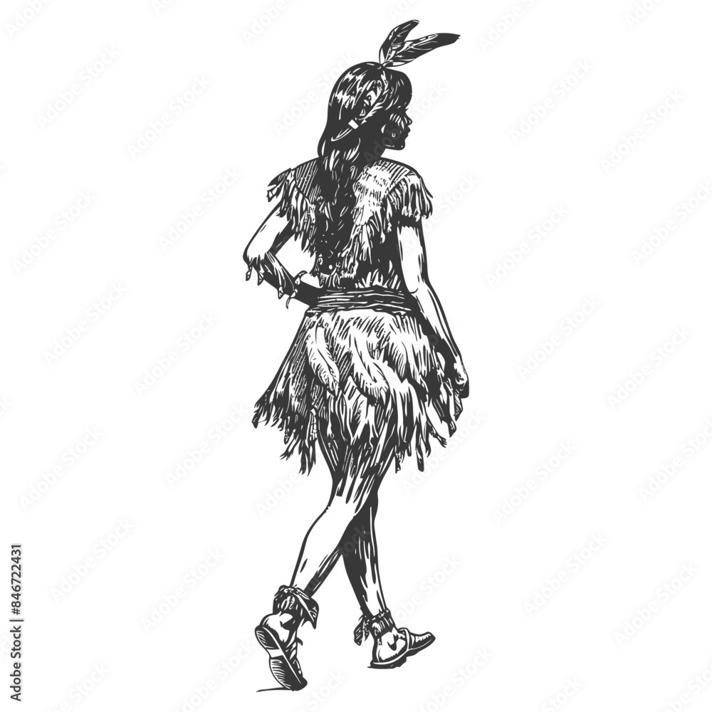 Fototapeta premium native australian tribe woman full body with engraving style black color only