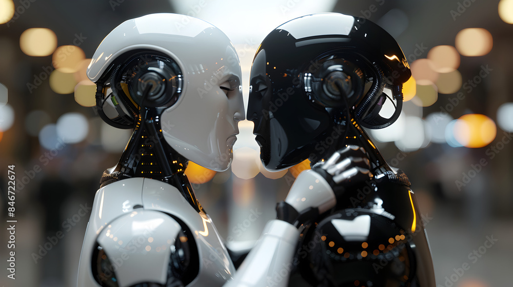 Fototapeta premium Together, a white ai robot facing a black ai robot, holding each other.
