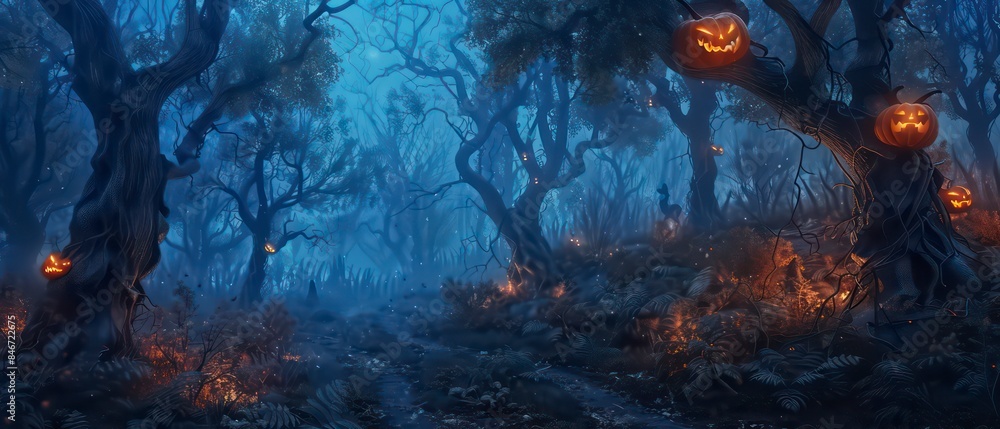 Halloween background of a dark forest with twisted branches, thick mist, and ominous shadows Halloween background of a dark forest with twisted branches, thick mist, and ominous shadows