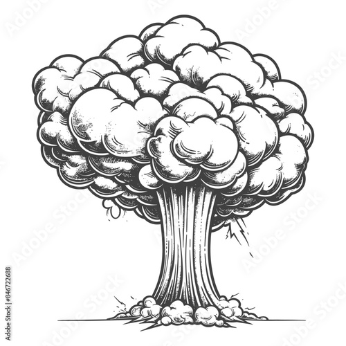 Hand-Drawn Mushroom Cloud: Nuclear Explosion Engraving, Detailed Vector Illustration.