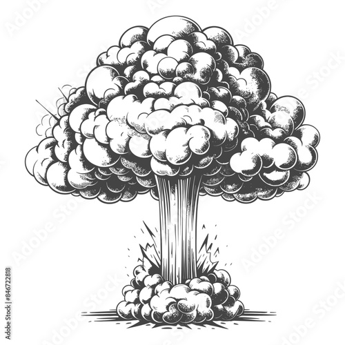 Sketch of Nuclear Explosion Cloud - Black and White Vintage Style