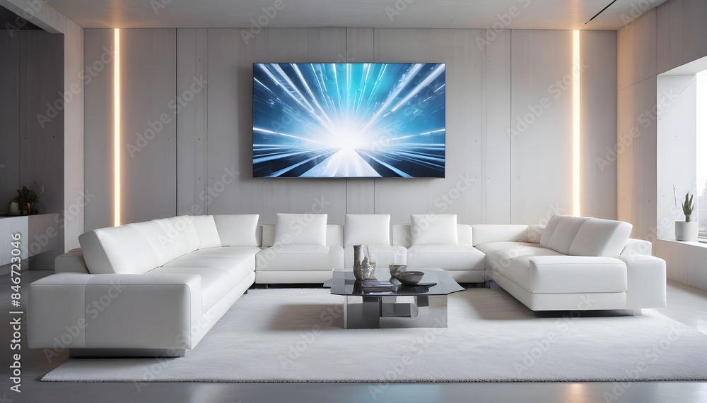 High end modern living room with white leather couch and a large flat screen tv mounted on the wall, brutalist architecture mixed with modern futuristic minimal design High end modern living room with white leather couch and a large flat screen tv mounted on the wall, brutalist architecture mixed with modern futuristic minimal design