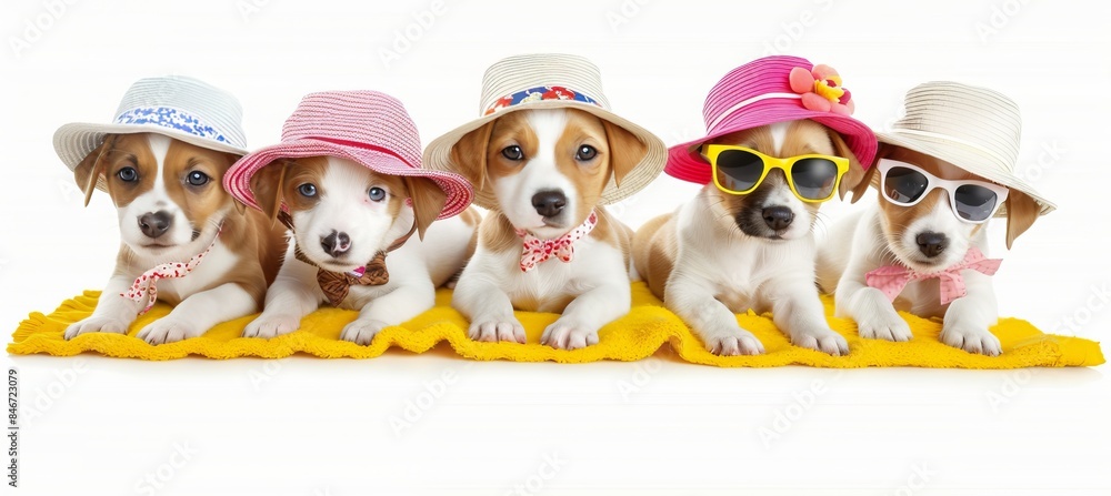 Fototapeta premium Stylish canines adorable dogs wearing fashionable hats and sunglasses, looking incredibly cute