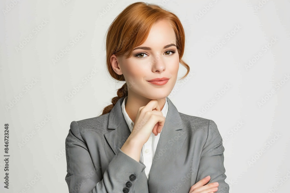 Confident woman in grey blazer, minimalist portrait of thoughtful female gazing at camera Confident woman in grey blazer, minimalist portrait of thoughtful female gazing at camera